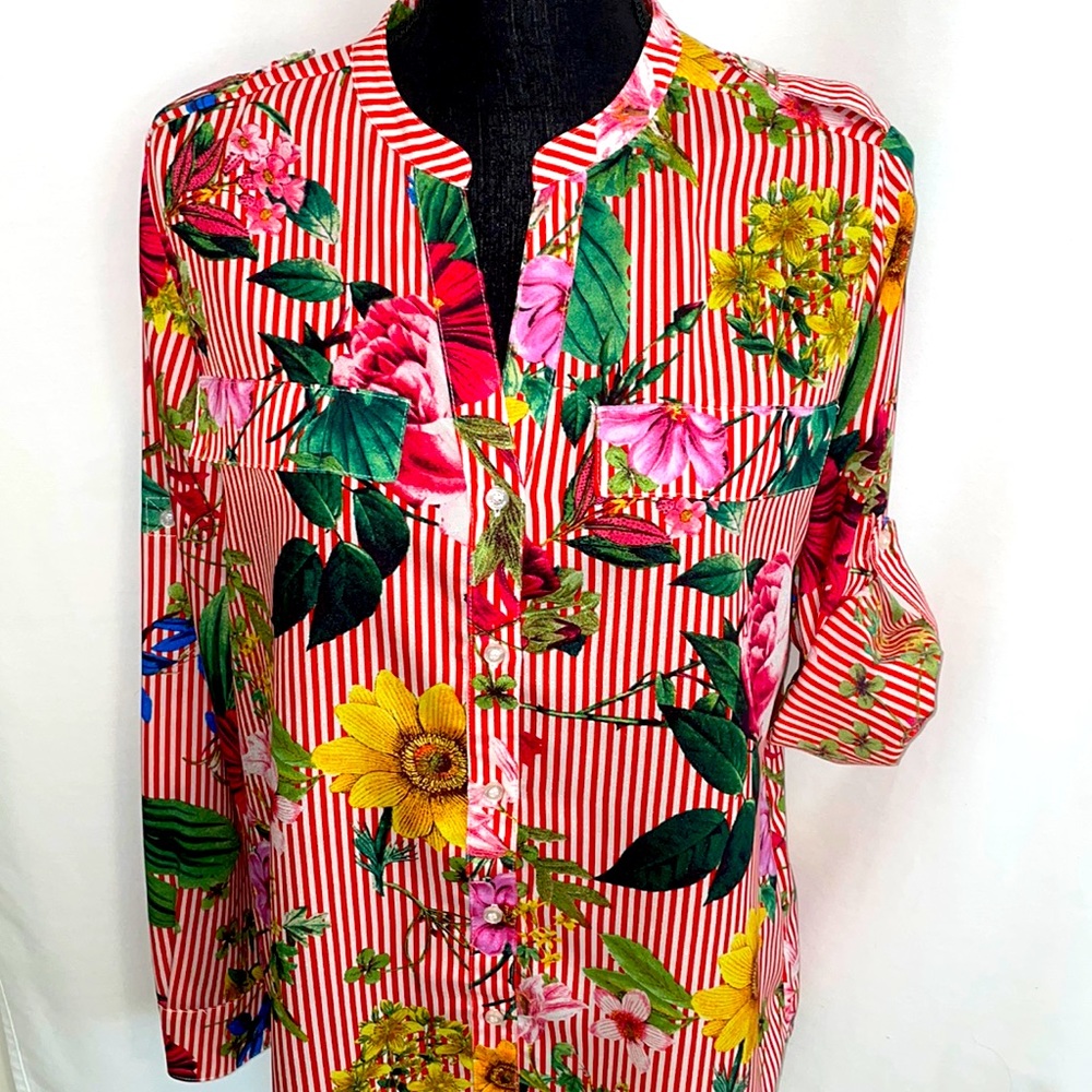Calvin Klein high-low long sleeve silky button up blouse w/3/4 sleeve option
